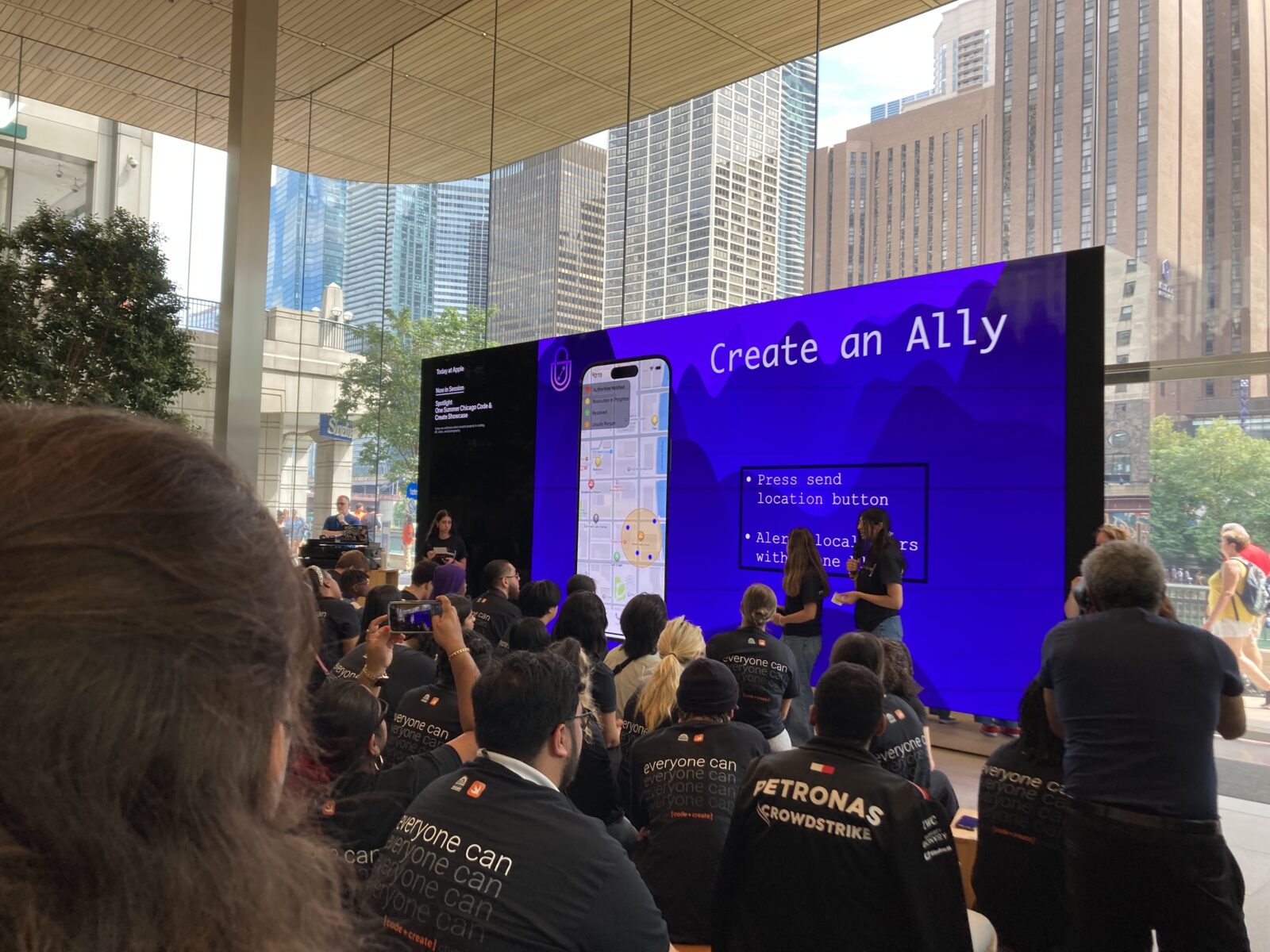 Solena Ornelas Pagnucci, Olivia Kenoun, and Aizah Ahmad present their Protect Me app at Appleâ€™s showcase.