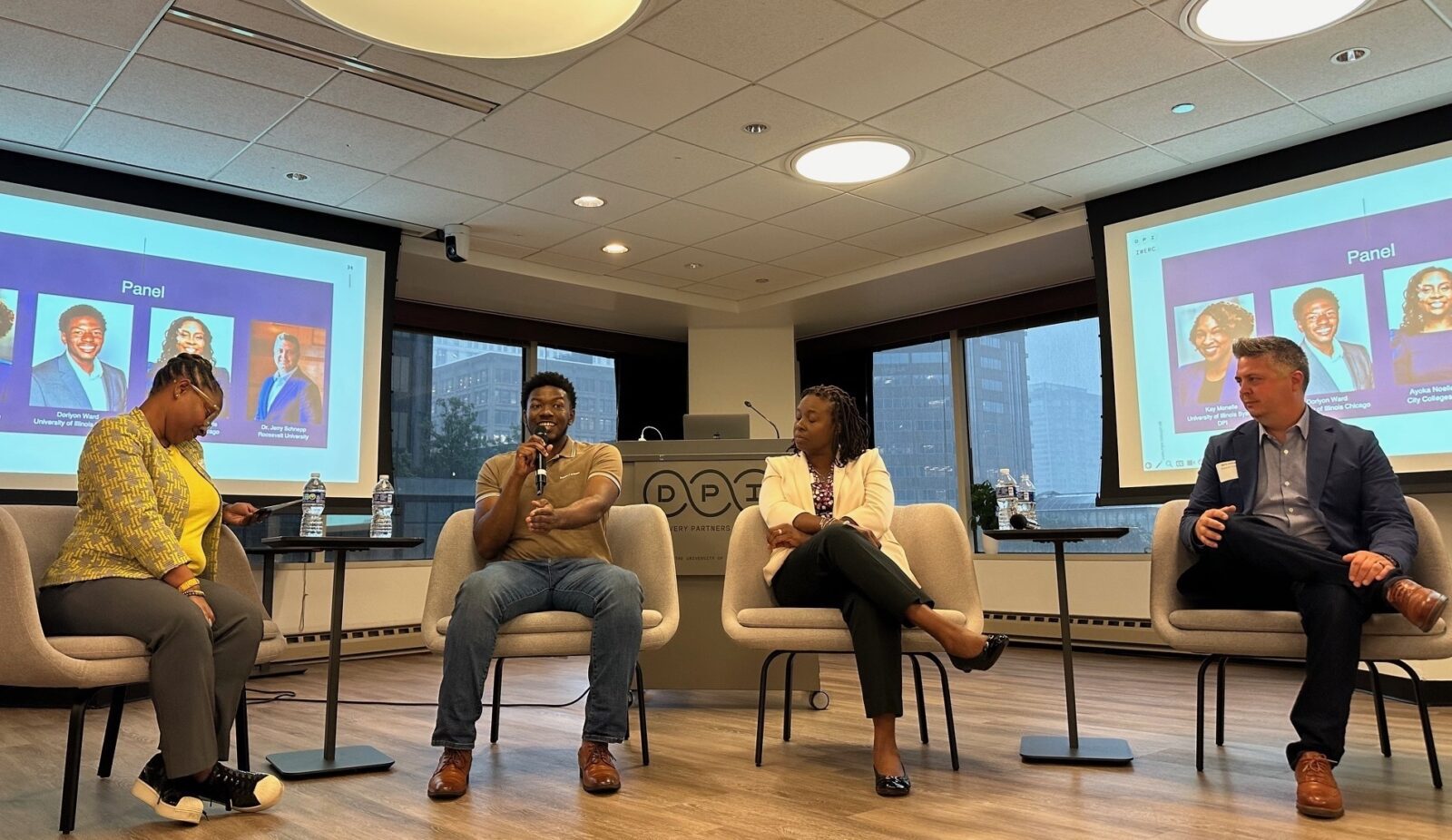 PTTLâ€™s Kay Monelle, UIC student Doriyon Ward, Ayoka N. Samuels of City Colleges, and Jerry Schnepp of Roosevelt University.