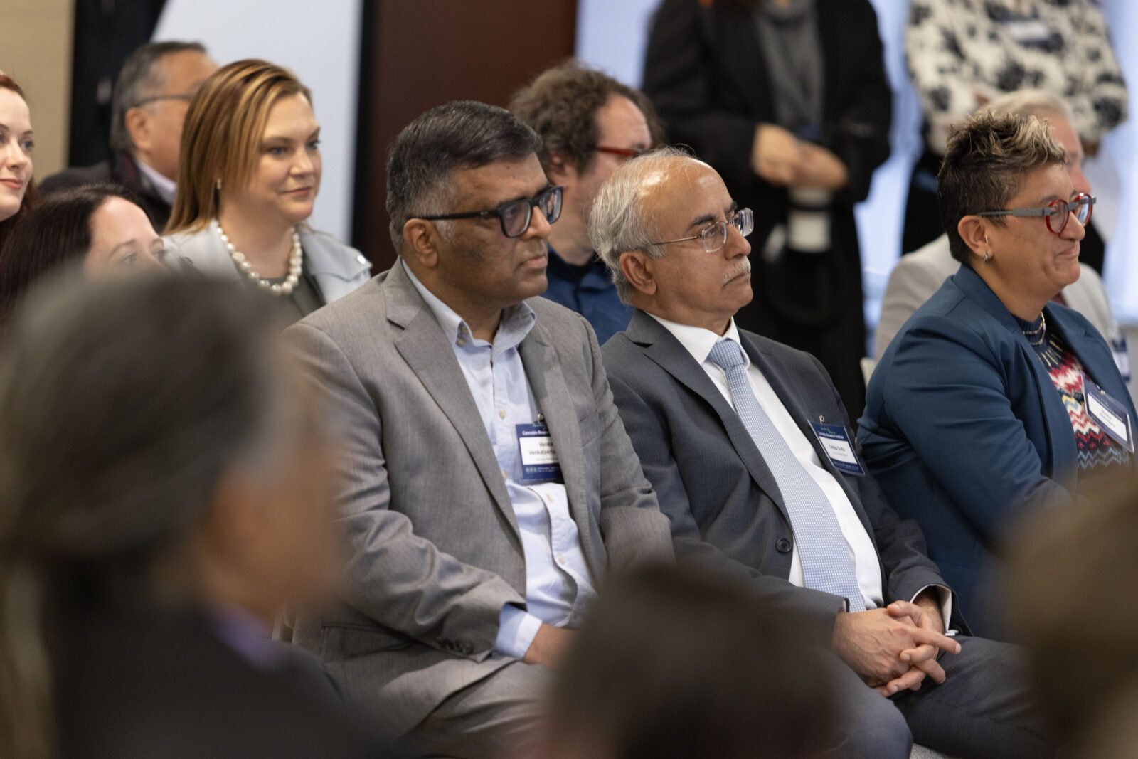 Venkat Ventakrishnan, Deba Dutta, and Dulce Quintero in the audience during the Cannabis Research Instituteâ€™s riverside chat.